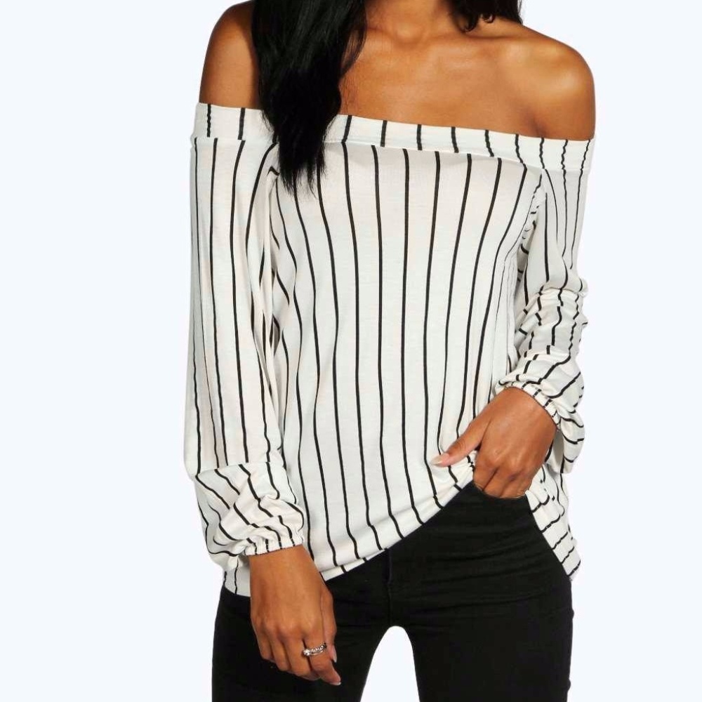 BooJoo Lauren Off the Shoulder Stripe Swing Top